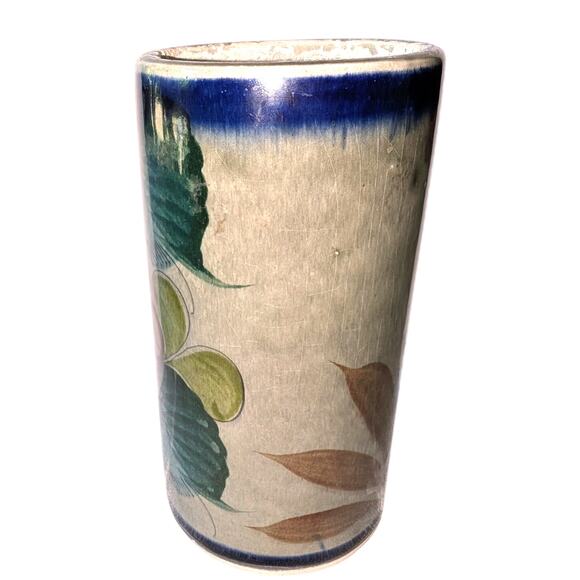 Vintage Tonala Mexico Pottery Floral Cylinder Vase Blue Green Gray 5.25 in. tall - Picture 3 of 5